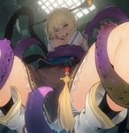 bad_id bad_pixiv_id blonde_hair breasts cleavage consensual_tentacles dungeon_and_fighter female_gunner_(dungeon_and_fighter) ladic large_breasts panties perspective solo spread_legs striped striped_panties tentacles underwear 