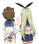  animal_print assisted_exposure back-print_panties bear_panties bear_print blonde_hair boots brown_hair dress elbow_gloves gloves hairband kantai_collection long_hair multiple_girls panties pleated_skirt print_panties sailor_dress shimakaze_(kantai_collection) simple_background skirt skirt_lift striped striped_legwear thighhighs translated underwear white_background yukichi_(ohuton_zzz) yukikaze_(kantai_collection) 