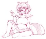  ^_^ animal_ears bloomers blush breasts choko_(cup) cleavage closed_eyes cup drunk fangs futatsuiwa_mamizou glasses highres large_breasts leaf leaf_on_head monochrome open_mouth raccoon_ears raccoon_tail sitting smile sotto tail touhou underwear 