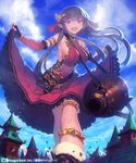 :d armlet bangs black_hair blunt_bangs boots breasts building cloud day dress dress_lift earrings elbow_gloves fingerless_gloves giantess gloves gunnlod hair_ornament heart heart-shaped_pupils jewelry large_breasts long_hair mckeee official_art open_mouth pointy_ears purple_eyes shadowverse sheath shingeki_no_bahamut sky smile solo strap symbol-shaped_pupils thighlet 