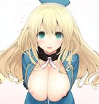  aqua_eyes atago_(kantai_collection) blonde_hair blush breasts hat huge_breasts k_g kantai_collection long_hair looking_at_viewer military military_uniform nipples open_clothes open_shirt shirt smile solo uniform 