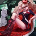  bear blonde_hair boots bra breasts charimei cleavage cross-laced_footwear crossed_legs danganronpa danganronpa_1 enoshima_junko finger_gun_to_head glasses ikusaba_mukuro medium_breasts monokuma multiple_persona nail_polish one_eye_closed pleated_skirt polka_dot polka_dot_bra sitting skirt sleeves_rolled_up spoilers television twintails underwear v 