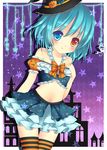  alternate_costume blush bow halloween_costume harukaruha hat heterochromia highres midriff navel pout shirt skirt skirt_set solo squiggle star striped striped_legwear tatara_kogasa thighhighs touhou zettai_ryouiki 