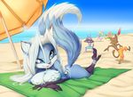  beach big_breasts bikini blonde_hair blue_eyes breasts canine cat cleavage clothed clothing ear_piercing feline female fox hair lagomorph long_hair male mammal piercing rabbit sea seaside skimpy smile swimsuit thefuckingdevil water white_hair 