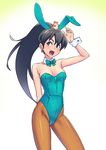  animal_ears bare_shoulders black_hair blue_eyes blush breasts brown_legwear bunny_ears bunnysuit cleavage detached_collar earrings fang ganaha_hibiki idolmaster idolmaster_(classic) jewelry long_hair medium_breasts nail_polish oku_(okumen) on_head open_mouth pantyhose ponytail smile solo wrist_cuffs 