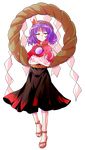  alphes_(style) anklet crossed_arms dairi full_body hair_ornament half-closed_eyes highres jewelry long_sleeves looking_at_viewer mirror parody purple_hair red_eyes rope sandals shimenawa shirt short_over_long_sleeves short_sleeves skirt solo style_parody touhou transparent_background yasaka_kanako 