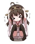  &gt;_&lt; :&lt; black_legwear blush brown_hair closed_eyes cowering detached_sleeves full_body hachikuji hair_ornament hairband japanese_clothes kantai_collection kongou_(kantai_collection) long_hair lowres nontraditional_miko panties pantyshot pantyshot_(squatting) pleated_skirt skirt solo squatting thighhighs underwear white_background 