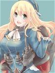  atago_(kantai_collection) black_gloves blonde_hair blue_background blush breasts gloves green_eyes hat kantai_collection large_breasts long_hair military military_jacket military_uniform open_mouth rimu_(lim_9523) smile solo uniform 
