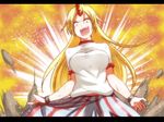  blonde_hair breasts cuffs horn hoshiguma_yuugi large_breasts letterboxed long_hair open_mouth shackles skirt smile solo star takorice touhou 