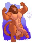  4_toes 5_fingers abs anthro balls biceps big big_balls big_penis blue_background brown_hair cinnamon_(character) cum cum_on_penis erection feline fist flexing freckles_(artist) fur grin hair happy huge_penis hyper lion male mammal mane muscles navel nipples nude pecs penis pink_nose plain_background pose precum raised_arm shadow sheath shiny short_hair smile solo soto standing teeth vein 