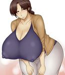  1girl breasts brown_hair cleavage collarbone covered_nipples erect_nipples gigantic_breasts hips jacket jewelry legs lipstick looking_at_viewer makeup milf nipples open_clothes open_jacket otogi_tetsurou puffy_nipples ring see-through skin_tight solo tight wide_hips 