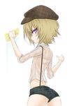  1boy alziv androgynous ass blonde_hair blue_eyes child frown hat looking_back male male_focus multicolored_eyes original purple_eyes shirt short_hair short_shorts shorts shota soap_bubbles solo sponge suds suspenders transparent_background trap wet wet_clothes wet_shirt 