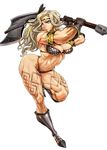  amazon_(dragon's_crown) axe blonde_hair blue_hair boots breasts dragon's_crown feathers full_body hair_feathers large_breasts long_hair muscle muscular_female simple_background solo tattoo weapon white_background zunta 