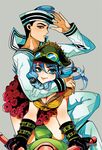  1girl artist_name black_hair blue_eyes blue_hair byam dixie_cup_hat gloves goggles goggles_on_head ground_vehicle hat higashikata_jousuke_(jojolion) hirose_yasuho jojo_no_kimyou_na_bouken jojolion military_hat motor_vehicle motorcycle sailor watermark 