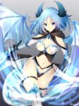  bad_anatomy bikini blue_eyes blue_hair breasts brooch cleavage dragon_girl dragon_horns dragon_tail dragon_wings grey_background holding holding_sword holding_weapon horns jewelry looking_at_viewer medium_breasts medium_hair meliusiana navel sennen_sensou_aigis smile standing swimsuit sword tail thigh_strap thighhighs thousa_01 twitter_username weapon wings 