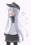  blue_eyes closed_mouth hachikuji hat hibiki_(kantai_collection) kantai_collection long_hair looking_at_viewer pantyhose school_uniform serafuku silver_hair skirt solo very_long_hair white_background 