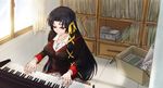  black_hair blazer bookshelf box breasts cardboard_box cleavage day from_above hair_ribbon indoors instrument jacket kurugaya_yuiko large_breasts little_busters! long_hair long_sleeves looking_down music piano piano_bench playing_instrument purple_eyes ribbon school_uniform scroll sitting solo very_long_hair window zakang 