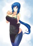  apron blue_eyes blue_hair breasts covered_nipples denim gundam gundam_build_fighters haganef haro_button_badge huge_breasts iori_rinko jeans long_hair mature navel pants ponytail ribbed_sweater solo sweater turtleneck very_long_hair 