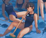  black_eyes black_hair broom bucket competition_swimsuit fish grin lvi multiple_girls one-piece_swimsuit original short_hair smile swimsuit 