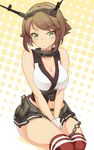  bare_shoulders blush breasts brown_hair cleavage gloves green_eyes headgear kantai_collection large_breasts looking_at_viewer midriff miniskirt mutsu_(kantai_collection) navel red_legwear short_hair skirt solo thighhighs touryou white_gloves 