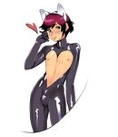  1boy animal_ears bodysuit brown_eyes bulge fake_animal_ears hand_on_own_cheek heart heart-shaped_hole heart_cutout highres male male_focus nipples open_mouth open_suit original purple_hair smile solo trap yogurtmilk 