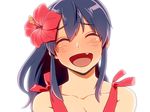  :d ^_^ bad_id bad_pixiv_id black_hair blush closed_eyes collarbone fang flower ganaha_hibiki hair_flower hair_ornament hibiscus idolmaster idolmaster_(classic) laughing long_hair maguro_(ma-glo) open_mouth ponytail portrait smile solo tan white_background 