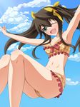  bikini brown_hair cloud day fang green_eyes highres huang_lingyin infinite_stratos long_hair mei_ichi one_eye_closed outstretched_arms sky smile solo spread_arms swimsuit twintails 