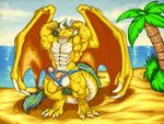  balls beach biceps big_muscles blue_eyes bulge claws clothing dragon erection flexing horn humanoid_penis male modem_redpill muscles palm_tree pecs penis presenting reptile scalie sea seaside solo speedo standing swimsuit toe_claws toned topless torn_clothing water wings yellow_dragon yellow_skin 