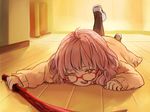  blood_sword cardigan glasses hemokinesis highres kuriyama_mirai kyoukai_no_kanata lying pantyhose pink_hair red-framed_eyewear short_hair solo sword weapon wince y_in 