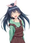  :d ^_^ antenna_hair black_hair blush casual closed_eyes earrings fang ganaha_hibiki hair_ribbon idolmaster idolmaster_(classic) jewelry long_hair mofu open_mouth overalls ponytail ribbon simple_background smile solo strap_slip sweater white_background wide_ponytail 