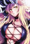  areola_slip areolae arms_up blonde_hair blush breasts center_opening choker cross-laced_clothes gradient_hair highres hijiri_byakuren huge_breasts long_hair multicolored_hair naked_shirt no_bra open_mouth purple_hair risutan scan shirt solo touhou yellow_eyes 