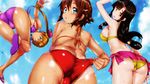  adjusting_clothes adjusting_swimsuit amy_(suisei_no_gargantia) aqua_eyes arm_up ass bangs bare_shoulders bikini bikini_tan black_hair blue_sky breasts brown_eyes brown_hair cloud dark_skin day earrings green_eyes hair_ornament hairclip highres hisasi jewelry large_breasts long_hair looking_back melty_(suisei_no_gargantia) multiple_girls parted_bangs parted_lips pink_sarong purple_bikini red_bikini saaya_(suisei_no_gargantia) sandals sarong shiny shiny_skin short_hair side-tie_bikini sideboob sky small_breasts smile striped striped_bikini striped_swimsuit suisei_no_gargantia swimsuit tan tanline trefoil twintails wet wristband yellow_bikini 