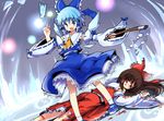  ankle_socks arm_up ascot blood bloody_clothes blue_eyes blue_hair bow brown_eyes brown_hair cirno cosplay detached_sleeves empty_eyes gohei gradient gradient_background hair_bow hair_tubes hakkotsu_shitai hakurei_reimu hakurei_reimu_(cosplay) ice light_particles long_hair looking_at_viewer lying multiple_girls ofuda on_stomach open_mouth outstretched_arm shoes short_hair skirt skirt_set sneakers touhou wings 