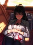  bag black_hair box bukimi_isan closed_eyes digital_media_player ganaha_hibiki gift gift_box hair_ribbon highres idolmaster idolmaster_(classic) long_hair pen ponytail ribbon sleeping solo 