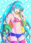  aqua_eyes aqua_hair beamed_eighth_notes bikini_top collarbone digital_media_player eighth_note hatsune_miku headphones heart hip_bones long_hair lowleg midriff musical_note musical_note_print navel open_mouth quarter_note shorts solo staff_(music) star star_print suishougensou thighhighs toned twintails very_long_hair vocaloid 