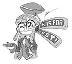  1girl beret call_(mighty_no._9) call_b duodynamo flat_chest glasses hat long_hair mighty_no._9 monochrome pointing robot simple_background smile solo wink 