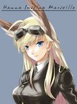  ahoge blonde_hair blue_background blue_eyes boilers0925 character_name closed_mouth goggles goggles_on_head hanna-justina_marseille head_wings long_hair military military_uniform smile solo strike_witches uniform upper_body world_witches_series 