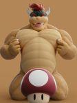  3d_(artwork) anthro biceps bowser censored claws convenient_censorship digital_media_(artwork) dukesmith3d hair half-closed_eyes horn kneeling koopa looking_at_viewer male mario_bros musclegut muscular muscular_male mushroom nintendo nipple_pinch nipple_play nipples nude open_mouth pecs pinch red_eyes red_hair scalie simple_background slightly_chubby smile solo teeth tongue tongue_out video_games 