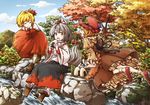  aki_minoriko aki_shizuha animal_ears blonde_hair closed_eyes detached_sleeves eating enola_(ebanataw) flying food geta hair_ornament hat highres inubashiri_momiji leaf_hair_ornament multiple_girls nature onigiri open_mouth red_eyes river rock short_hair silver_hair sitting smile tail tokin_hat touhou tree water wide_sleeves wolf_ears wolf_tail 