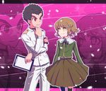  armband banchii black_hair brown_eyes brown_hair danganronpa danganronpa_1 fujisaki_chihiro ishimaru_kiyotaka male_focus multiple_boys notepad otoko_no_ko red_eyes skirt smile uniform 