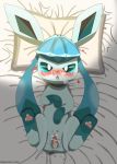  &lt;3 3_toes absurd_res after_sex bedding begging begging_pose blue_eyes blue_fur blue_nose blue_paws blush censor_bar censored cum cum_in_pussy cum_inside cum_on_face cute_fangs eeveelution female feral fur glaceon hi_res huff long_ears looking_at_viewer markings nikunno_karaage nintendo open_mouth pawpads pillow pink_pawpads pok&eacute;mon pok&eacute;mon_(species) pussy pussy_juice socks_(marking) solo spread_legs spread_pussy spreading toes tongue video_games 