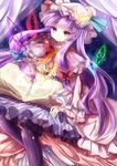  book crescent crystal hair_ribbon hat long_hair magic_circle patchouli_knowledge purple_eyes purple_hair ribbon sitting solo striped striped_legwear thighhighs touhou ukita_uuko vertical-striped_legwear vertical_stripes 