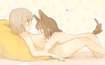  all_fours animal_ears blush breasts brown_eyes brown_hair dog_ears dog_tail foomi from_side heart lying medium_breasts multiple_girls nude on_back original pillow profile short_hair sideboob spoken_heart tail thought_bubble yuri 