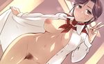  ascot blush bottomless breasts brown_eyes brown_hair collar dress_shirt em jewelry large_breasts looking_at_viewer mature miyafuji_sayaka navel nipples open_clothes open_shirt pubic_hair ring shirt short_hair smile solo sweatdrop v wedding_band world_witches_series 