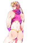  ass bad_id bad_pixiv_id blonde_hair bulge caesar_anthonio_zeppeli facial_mark feathers gloves green_eyes hair_feathers headband jojo_no_kimyou_na_bouken leotard male_focus mariero_(mariello) purple_leotard scarf solo wedgie 