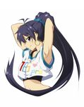  antenna_hair armpits arms_behind_head black_hair blue_eyes earrings fang ganaha_hibiki highres idolmaster idolmaster_(classic) jewelry long_hair looking_at_viewer ponytail simple_background smile solo ume_kanten white_background 