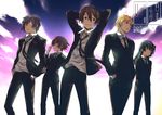  4boys aoi_toori arms_behind_back arms_behind_head belt black_hair blonde_hair blue_eyes brown_eyes brown_hair buckle cloud formal glasses hands_in_pockets honda_masazumi kyoukaisenjou_no_horizon long_hair long_sleeves multiple_boys mutsumi_masato necktie neshinbara_toussaint noriki purple_eyes purple_hair short_hair sky smile suit tachibana_muneshige 