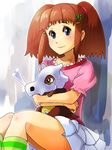  1girl blue_eyes blush boris_(noborhys) brown_hair close_mouth cubone hair_ornament hairclip miniskirt pokemon pokemon:_the_origin reina_(pokemon) short_hair shoushin_(shoushin04) skirt smile twintails 