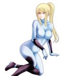  blonde_hair blue_eyes breasts highres large_breasts long_hair metroid ponytail samus_aran simple_background smile solo tamamon white_background zero_suit 