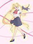  :d bishoujo_senshi_sailor_moon black_cat black_footwear blonde_hair blue_eyes blue_sailor_collar bow brooch cat double_bun full_body highres jewelry juuban_middle_school_uniform long_hair luna_(sailor_moon) open_mouth pink_background rattorun red_bow sailor_collar school_uniform serafuku shoes short_sleeves skirt smile socks tsukino_usagi twintails walking white_legwear 